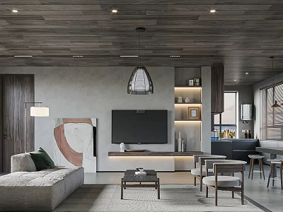 Modern Living and Dining Area Interior With Wooden Ceiling TV Wall Sofa And Dining Chairs 3d model