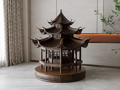 Traditional Chinese Pavilion Style Dark Wooden Sculpture Carving In Modern Interior With Round Base 3d model