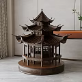 Traditional Chinese Pavilion Style Dark Wooden Sculpture Carving In Modern Interior With Round Base