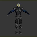 Futuristic Mechanical Warrior With Detailed High Tech Armor Yellow Head Black Blue Standing Pose