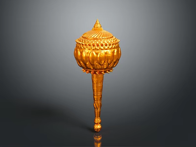 Ancient Golden Weapon with Intricate Lotus Decoration Ornate Top and Long Carved Handle 3d model
