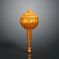 Ancient Golden Weapon with Intricate Lotus Decoration Ornate Top and Long Carved Handle