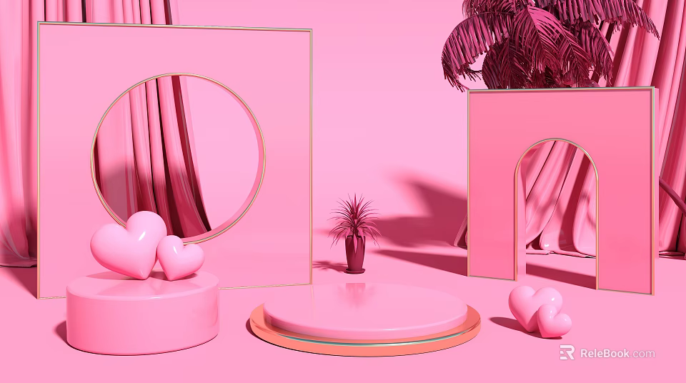 Pink Decorative Scene With Circular Mirror Heart Ornaments And Potted Plants 3d model 