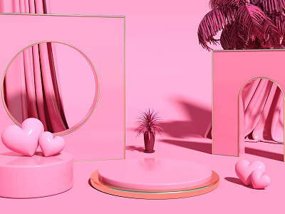 Pink Decorative Scene With Circular Mirror Heart Ornaments And Potted Plants 3d model
