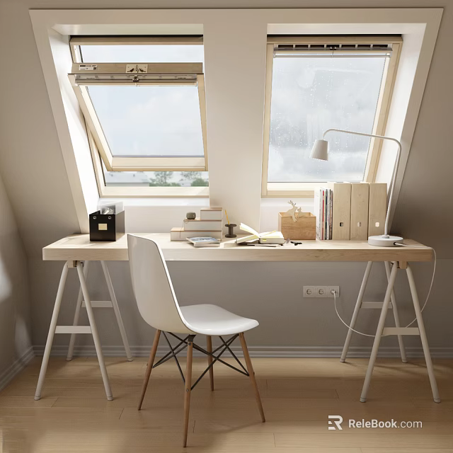 Bright Wooden Desk With White Chair Books Lamp And Folders Under Dormer Windows 3d model 