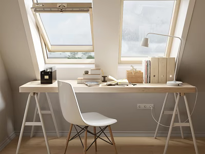 Bright Wooden Desk With White Chair Books Lamp And Folders Under Dormer Windows 3d model