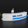 Elegant Modern Office Reception Desk With NR ELECTRIC Logo And Person Standing
