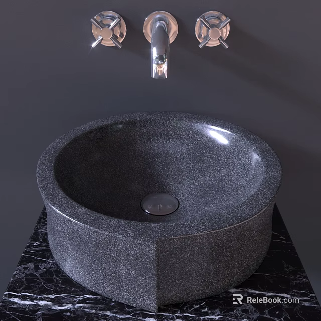 Gray Round Stone Wash Basin With Black Marble Countertop And Faucet Lights 3d model 