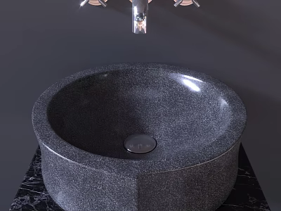 Gray Round Stone Wash Basin With Black Marble Countertop And Faucet Lights 3d model