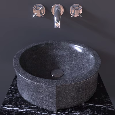 Gray Round Stone Wash Basin With Black Marble Countertop And Faucet Lights 3d model