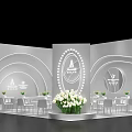 Modern Exhibition Hall Interior With White Tables Chairs Circular Decor And Green Plants