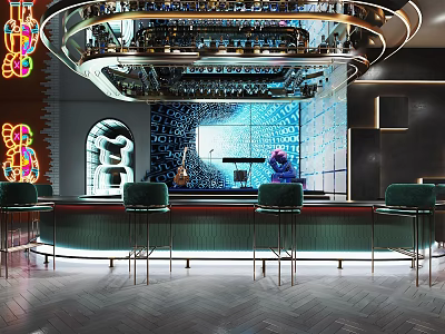 Modern Bar Interior With Neon Lights Curved Counter And Stools 3d model