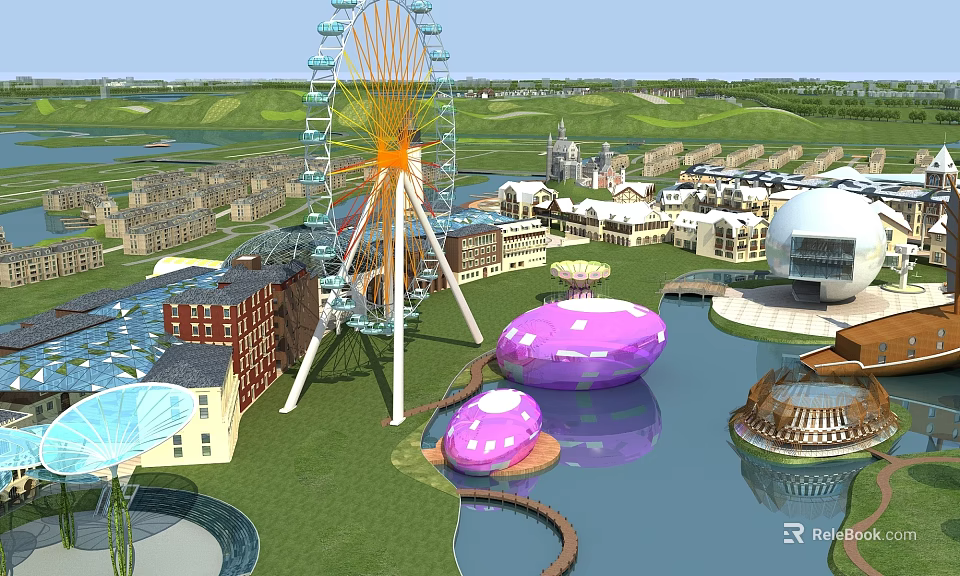 Scenic Amusement Park With Ferris Wheel Pink And Purple Egg-Shaped Buildings Water Area Green Grass 3d model 