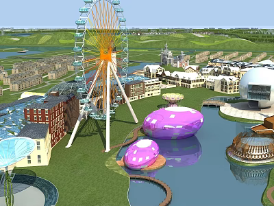Scenic Amusement Park With Ferris Wheel Pink And Purple Egg-Shaped Buildings Water Area Green Grass 3d model