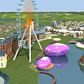 Scenic Amusement Park With Ferris Wheel Pink And Purple Egg-Shaped Buildings Water Area Green Grass