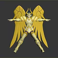 Golden Armored Winged Figure With Yellow Wings And Posed Stance On Reflective Base