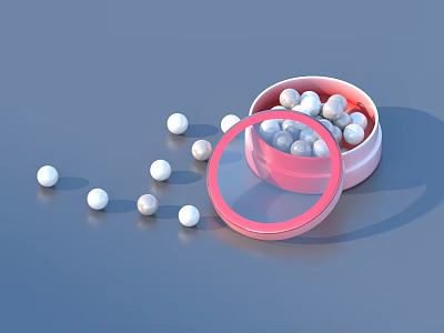 Open Pink Box With White Beads Scattered Next To It On Blue Surface 3d model