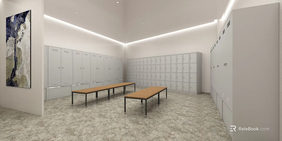 Spacious Locker Room Interior With Neatly Arranged Lockers And Long Wooden Tables 3d model 