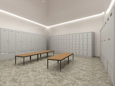 Spacious Locker Room Interior With Neatly Arranged Lockers And Long Wooden Tables 3d model