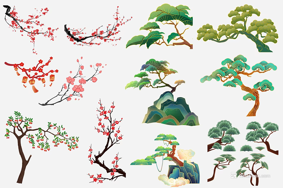 Traditional Chinese Wall Decor with Plum Blossoms Pine Trees and Mountain Elements 3d model