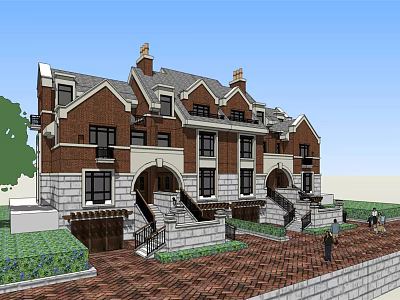 Semi Detached Villa Exterior With Red Brick Stone Sloped Roof Arched Porch And Greenery 3d model