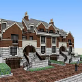 Semi Detached Villa Exterior With Red Brick Stone Sloped Roof Arched Porch And Greenery