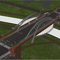 Modern Arch Bridge Spanning River With Green Trees City Buildings Roads And Cars