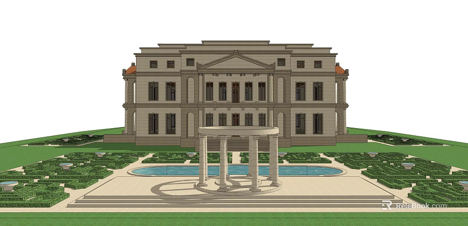 Elegant Classic Detached Villa Featuring Symmetrical Exterior Circular Pool And Columned Pavilion 3d model 