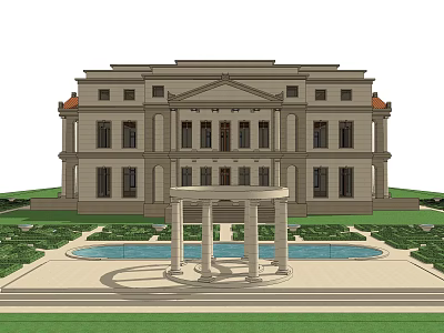 Elegant Classic Detached Villa Featuring Symmetrical Exterior Circular Pool And Columned Pavilion 3d model