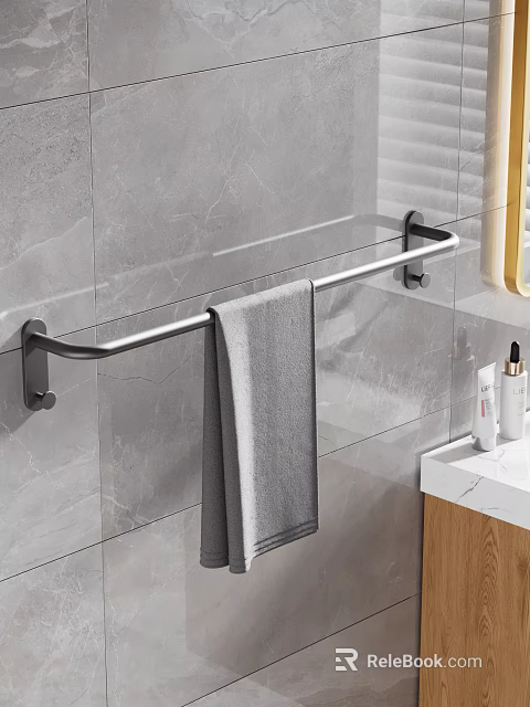 Modern Bathroom With Gray Marble Tiles Metal Towel Rack Gray Towel White Countertop And Toiletries 3d model 