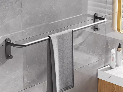 Modern Bathroom With Gray Marble Tiles Metal Towel Rack Gray Towel White Countertop And Toiletries 3d model