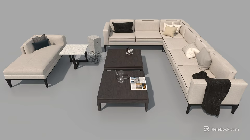 Light Colored Modern Sofa with Multiple Cushions and Wooden Coffee Table Set 3d model