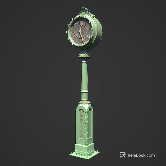 Green Vintage Pillar Clock With Ornate Metal Stand And Classic Dial Design 3d model 