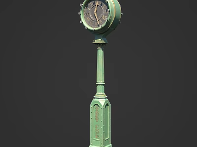 Green Vintage Pillar Clock With Ornate Metal Stand And Classic Dial Design 3d model