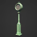 Green Vintage Pillar Clock With Ornate Metal Stand And Classic Dial Design