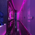 Purple Indoor Space With Circular Starry Sky Ceiling Curved Walls Shiny Black Floor And Sculpture