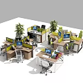 Modern Office Cubicle Workstations With Computers Green Chairs And Potted Plants 3d model