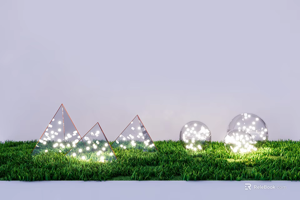 Triangular And Spherical Transparent Outdoor Lights On Green Grass With LED Illuminated Beads 3d model 