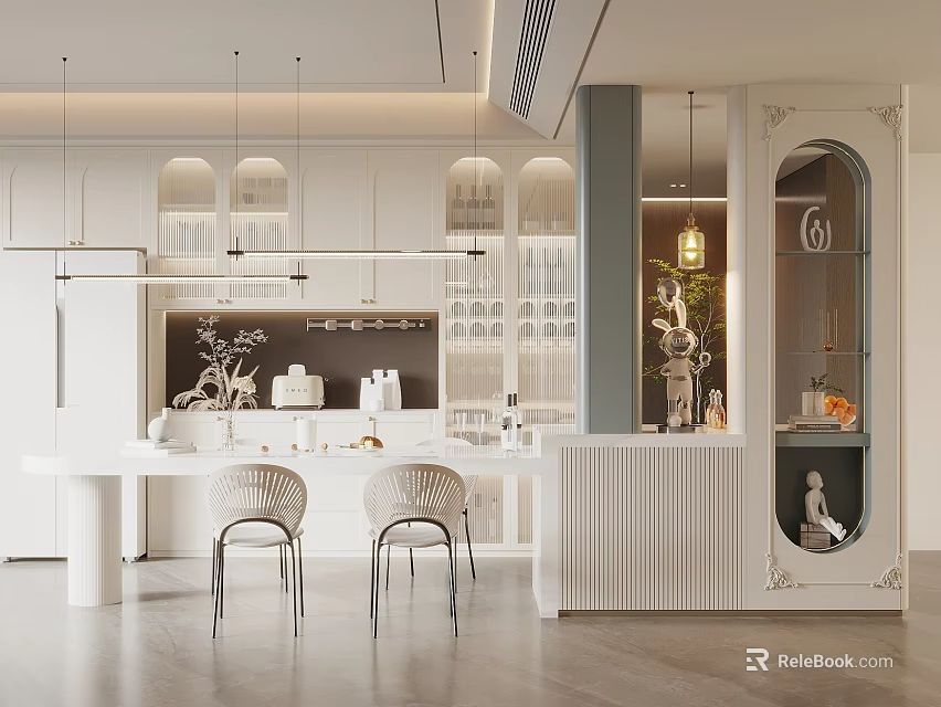Modern Restaurant Kitchen Interior With Open Design White Cabinets Dining Chairs And Pendant Lights 3d model 