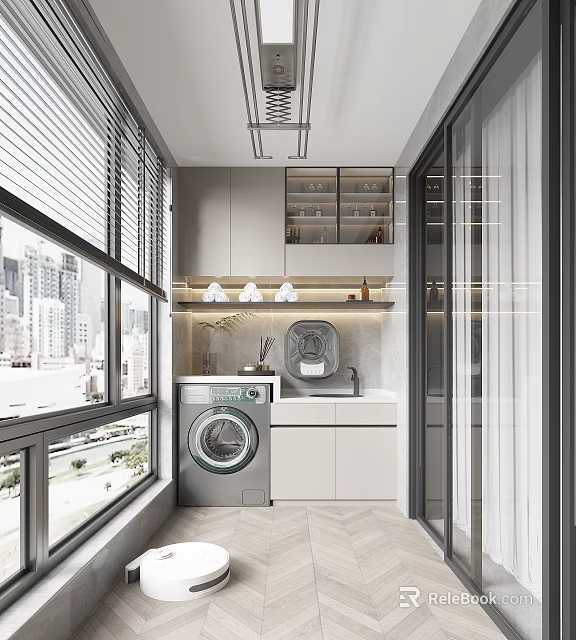 Modern Home Balcony Interior With Large Windows City View Washing Machine And Cabinetry 3d model 
