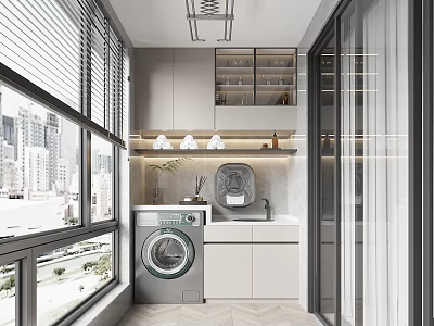 Modern Home Balcony Interior With Large Windows City View Washing Machine And Cabinetry 3d model
