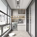 Modern Home Balcony Interior With Large Windows City View Washing Machine And Cabinetry