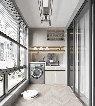 Modern Home Balcony Interior With Large Windows City View Washing Machine And Cabinetry 3d model