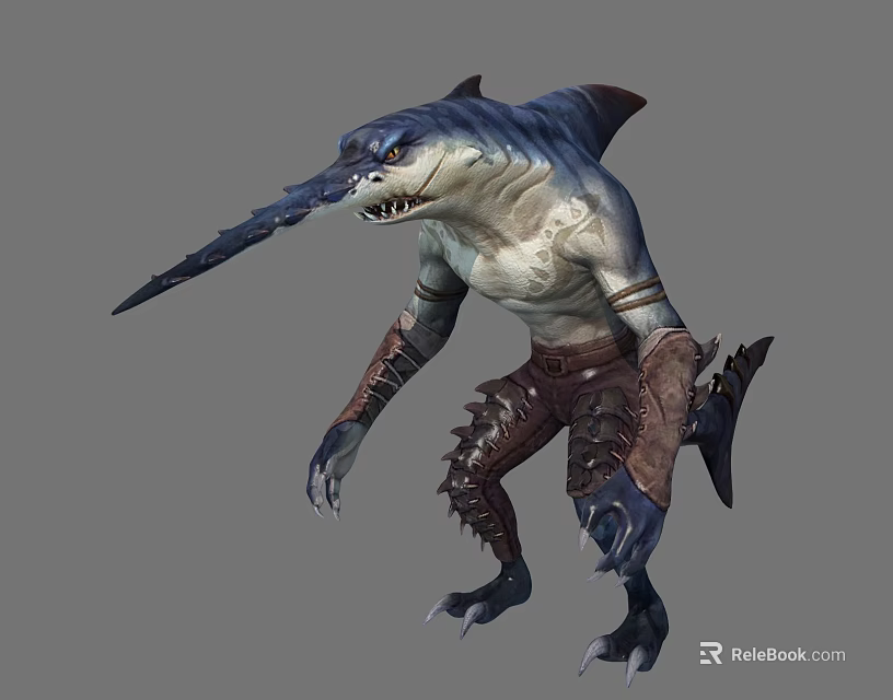 Shark Headed Humanoid Creature With Spiked Leather Armor And Sharp Claws 3d model 