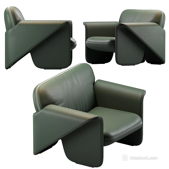 Modern Green Leather Accent Chair With Unique Armrest And Minimalist Design Style 3d model 