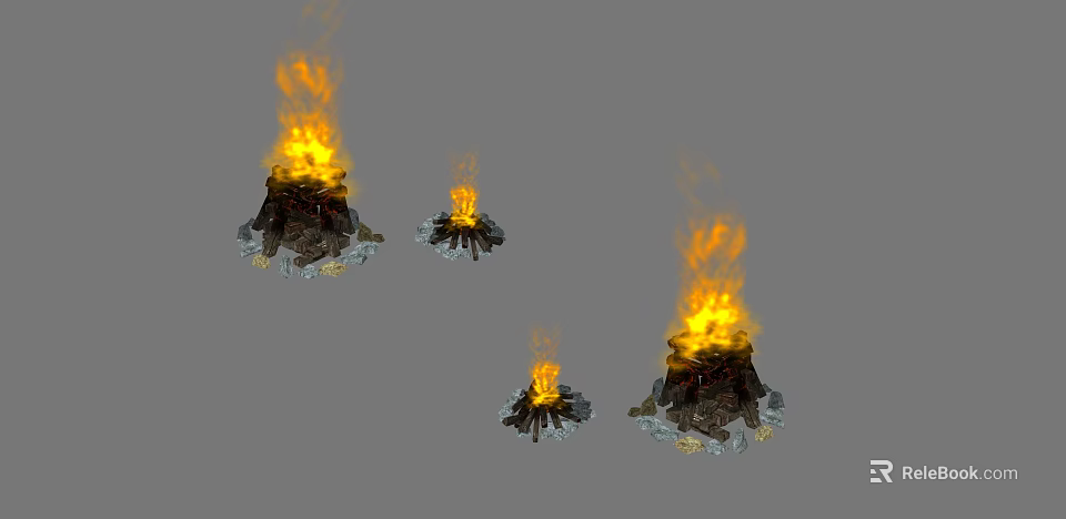 Cartoon Scene With Multiple Campfires Of Different Sizes Featuring Flames And Wood Logs 3d model 