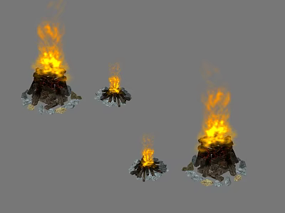 Cartoon Scene With Multiple Campfires Of Different Sizes Featuring Flames And Wood Logs 3d model