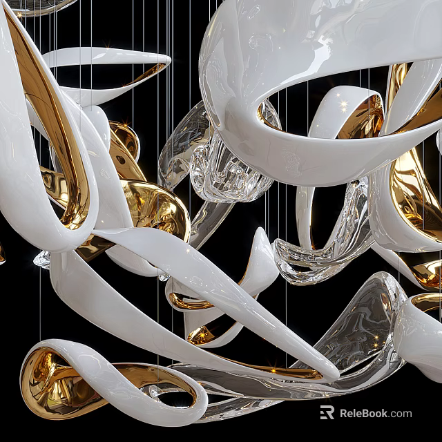 Modern Artistic White and Gold Chandelier with Curved Glass Elements 3d model 