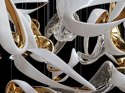 Modern Artistic White and Gold Chandelier with Curved Glass Elements 3d model
