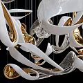 Modern Artistic White and Gold Chandelier with Curved Glass Elements